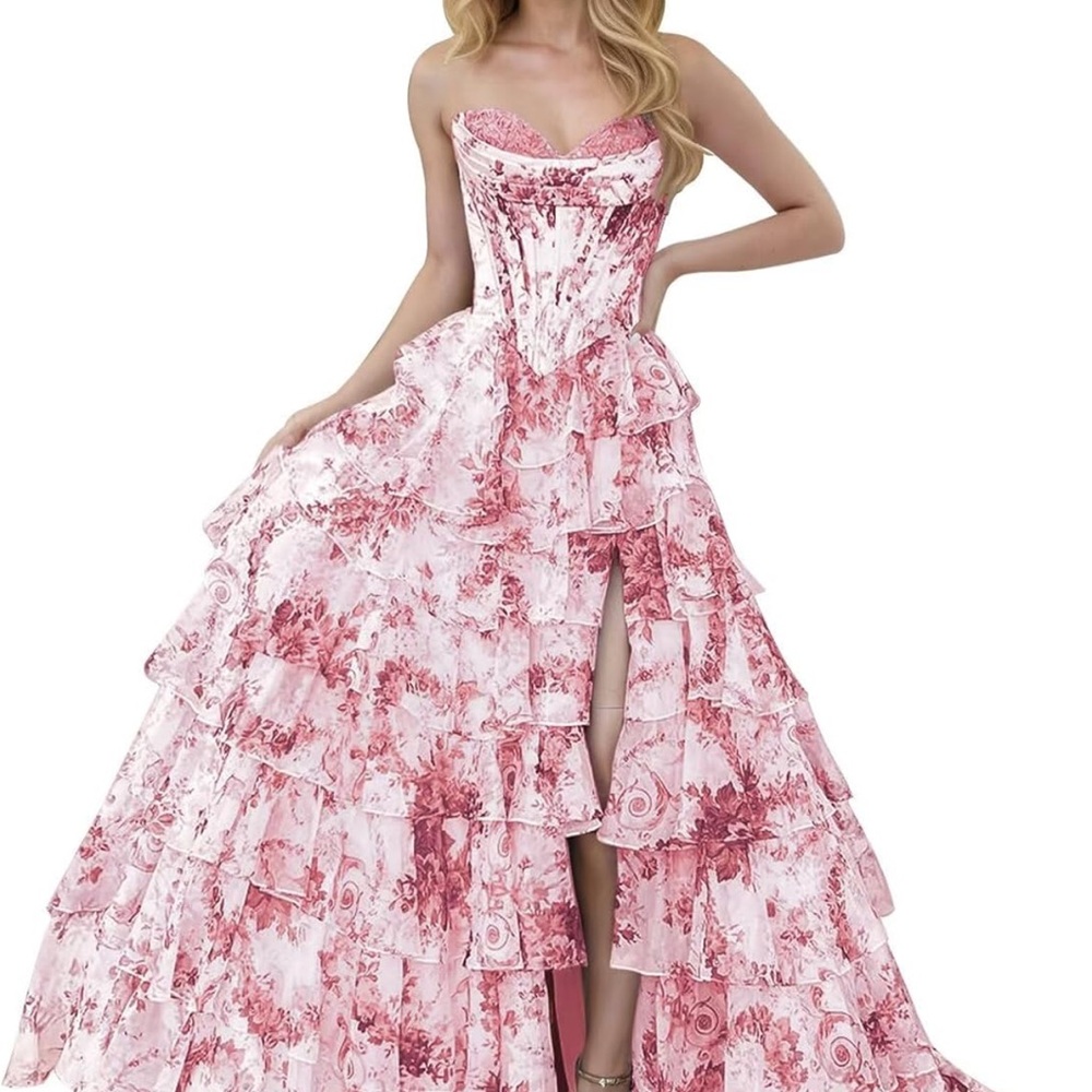 Dusty rose elegant & feminine corset lace up tiered maxi prom dress size 10